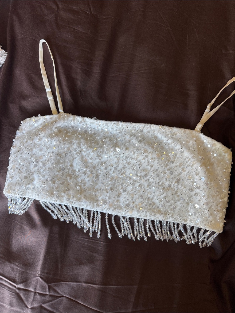 12th Tribe White Beaded Sequin Fringe Crop Top
